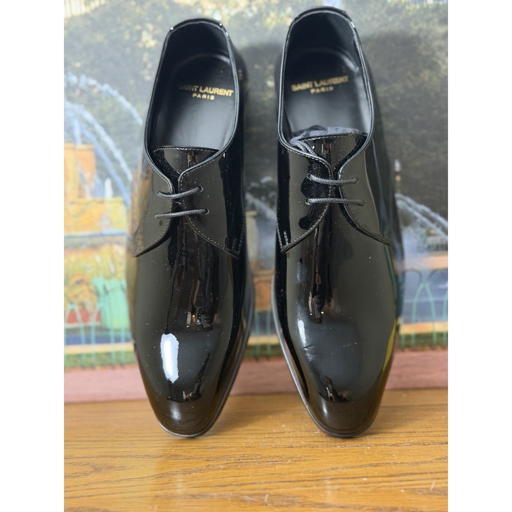 New SAINT LAURENT Paris Black Patent Leather DEVON 25 DERBY" Shoes EU-38 US-5.5